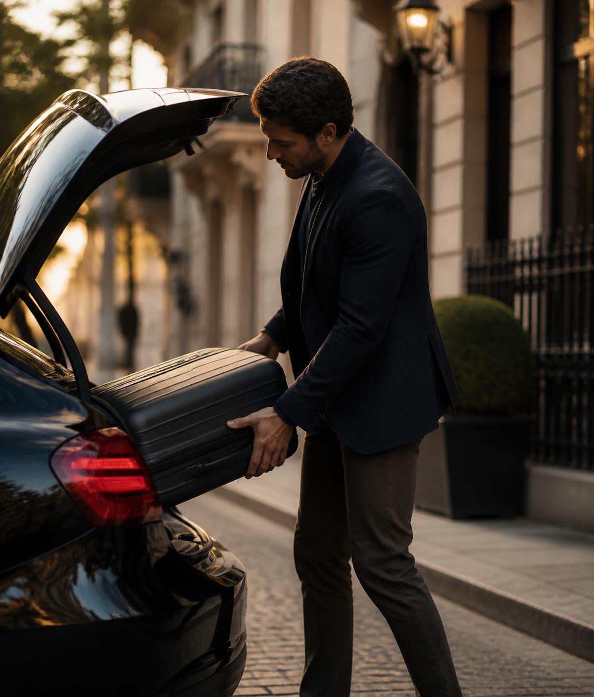Traveller loading luggage into a premium rental sedan